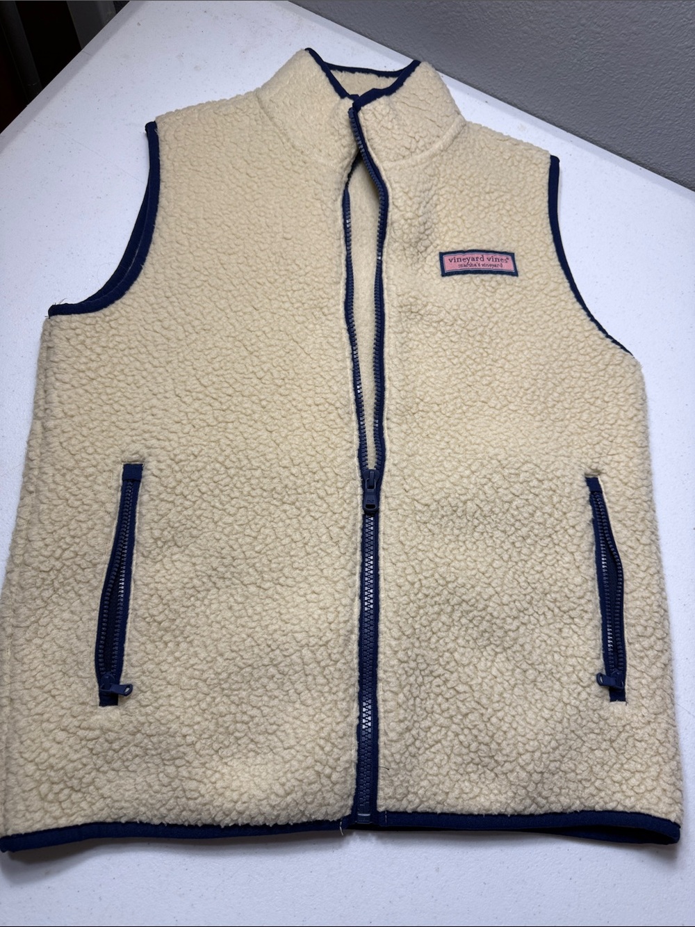 Vineyard Vines Kids Cream Sherpa Vest with Navy Trim